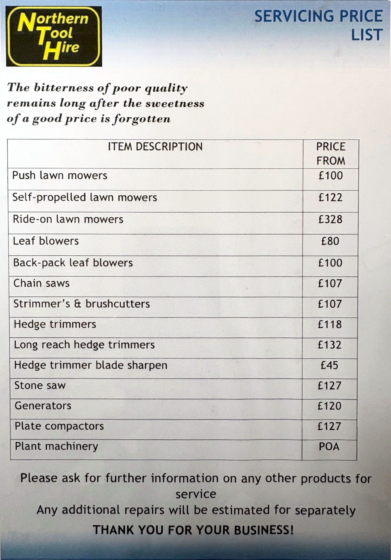 Servicing Price List